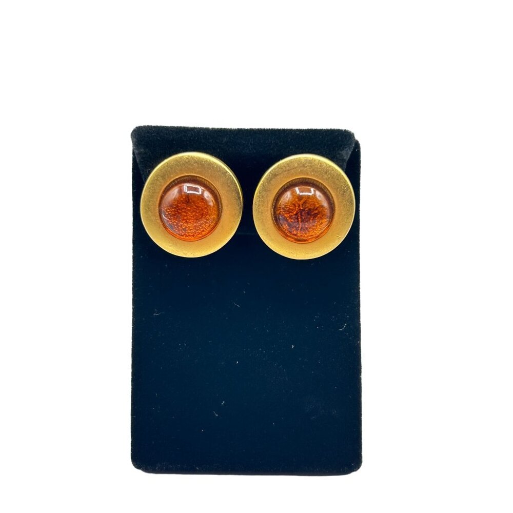 Signed FLP Clip On Earrings Round Gold Tone &  Topaz Glass Cabs Vintage Jewelry